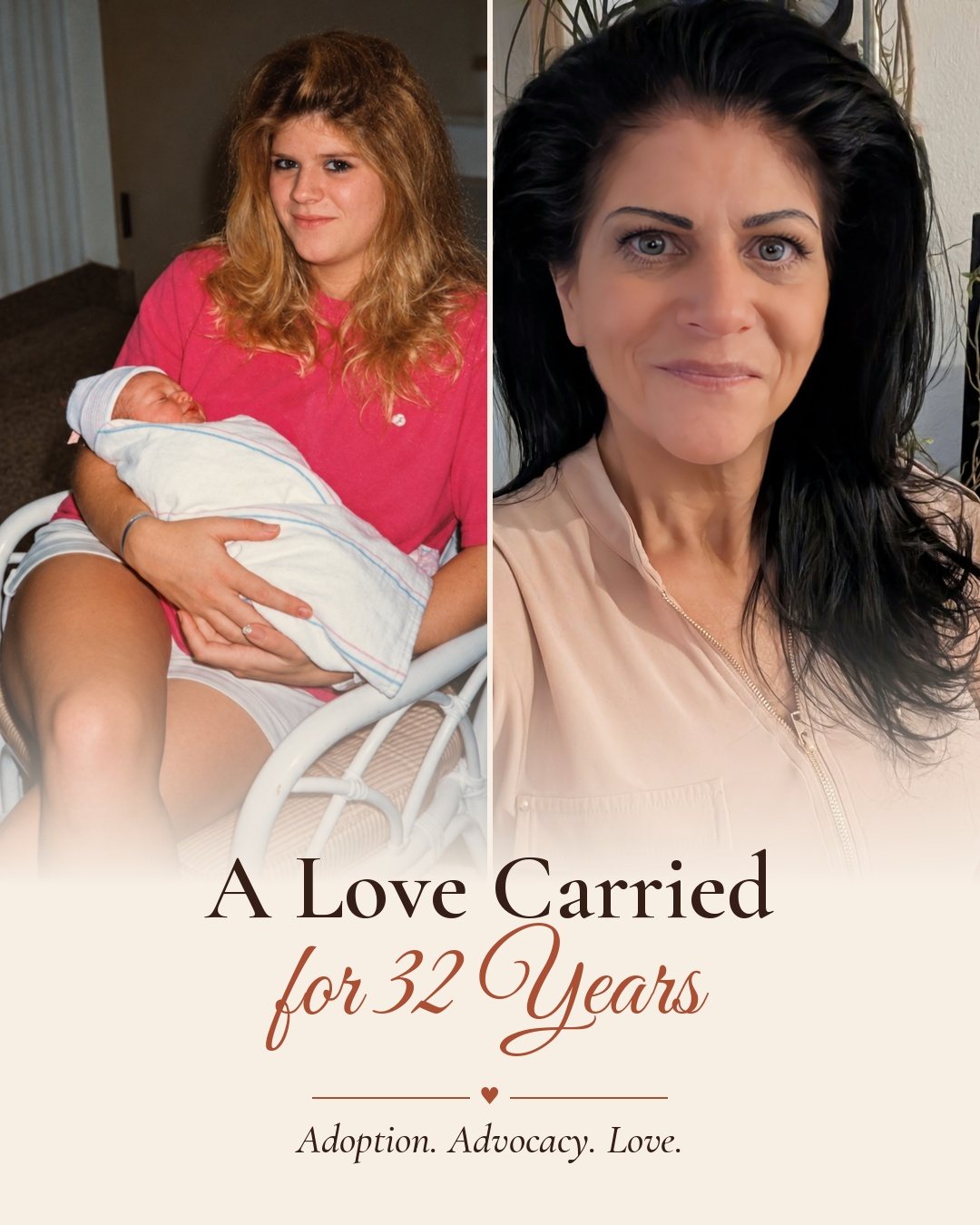 Terry Marquardt in October 1994 holding her newborn baby in a hospital chair, beside a photo of Terry today.